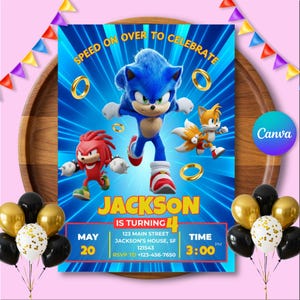 Sonic 3 Geburtstagseinladung, Super Igel Jungen Party einladen, Super Sonic Party Einladung, Bearbeitbare Sonic Invite Vorlage, Canva Vorlage