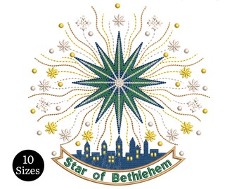 May include: An embroidery design featuring a central green and blue starburst with radiating lines and smaller star and dot accents. Below the star is a banner with the text "Star of Bethlehem" and a silhouette of a city. The design includes the text "Star of Bethlehem Embroidery Design" and "10 Sizes".