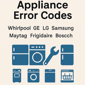 Może przedstawiać: Kremowa grafika z tekstem "Drukowane kody błędów urządzeń" i nazwami marek urządzeń. Wyświetlane są również niebieskie ikony urządzeń, w tym lodówki, pralki i zmywarki. Adres strony internetowej www.AppliancesUnlimitedToolkit.com znajduje się na dole.