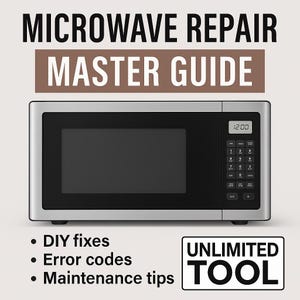 Może przedstawiać: Srebrna kuchenka mikrofalowa z czarnymi drzwiami i panelem sterowania. Wyświetlacz cyfrowy pokazuje godzinę 12:00. Tekst na górze brzmi "MICROWAVE REPAIR MASTER GUIDE". Poniżej kuchenki mikrofalowej znajdują się punkty: "DIY fixes", "Error codes" i "Maintenance tips".