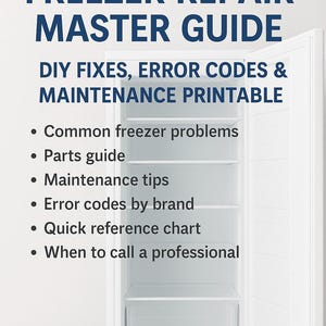 Może przedstawiać: Biała lodówka z otwartymi drzwiami, odsłaniająca półki i szufladę. Tekst na górze brzmi "FREEZER REPAIR MASTER GUIDE". Poniżej tekst głosi "DIY FIXES, ERROR CODES & MAINTENANCE PRINTABLE". Wypunktowania wymieniają tematy takie jak "Common freezer problems."