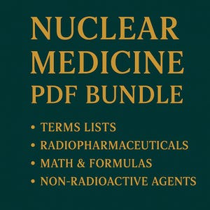 Op de afbeelding: Een donkergroene afbeelding met gouden tekst met de tekst "NUCLEAR MEDICINE PDF BUNDLE". Onder de titel staan opsommingstekens met onderwerpen als "TERMS LISTS" en "RADIOPHARMACEUTICALS".