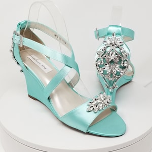 Aqua Bridal Sandals Aqua Bridal Wedge Sparkling Crystal Back Aqua Bridal Shoes Aqua Wedding Shoes Aqua Bridal Sandals OVER 100 COLORS