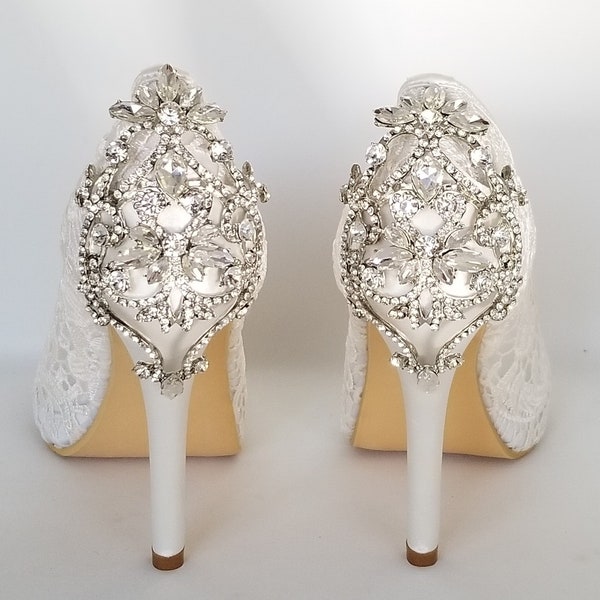 Lace Wedding Shoes Crystal Back Design Lace Bridal Shoes Lace Bridesmaid Shoes Lace Pumps Ivory Or White Wedding Shoes Ivory Bridal Shoes