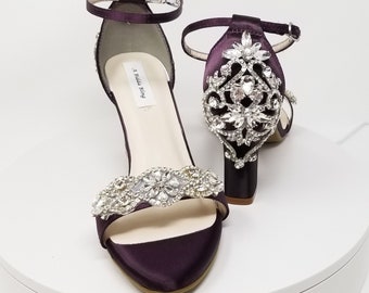 Purple Wedding Shoes Crystals Front and Back Chunky Heels Plum Bridal Shoes Block Heel Bridal Shoes OVER 100 COLORS Purple Block Heels