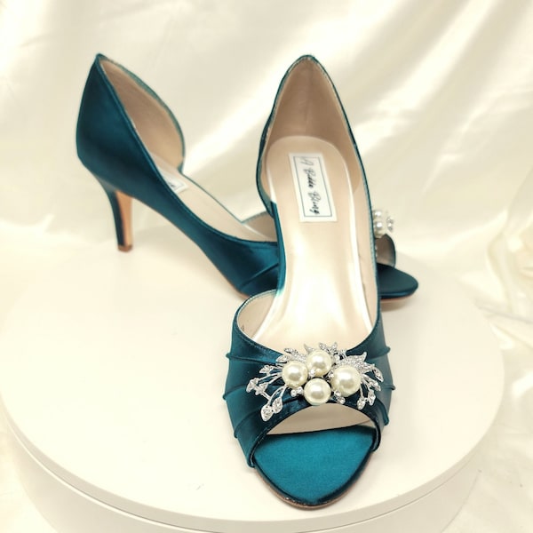 Teal Wedding Shoes Teal Bridal Shoes with Pearl and Crystal Cascading Brooch Design -100 Additional Colors To Pick From