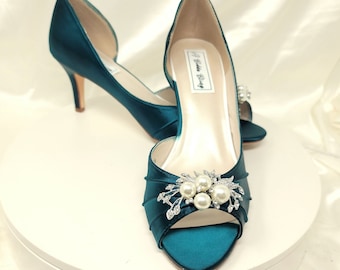 Teal Wedding Shoes Teal Bridal Shoes with Pearl and Crystal Cascading Brooch Design -100 Additional Colors To Pick From