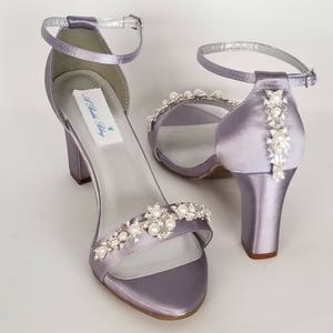 Purple Wedding Shoes Chunky Heels Purple Bridal Shoes Crystal and Pearl Design - PICK FROM 100 COLORS Purple Bridesmaid Shoes