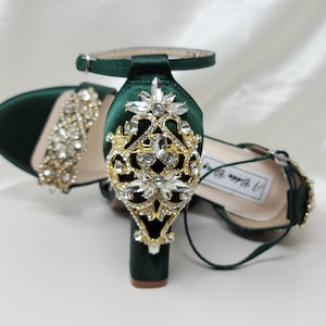 Green Bridal Shoe Chunky Heels Hunter Green Wedding Shoes Wedding Shoes 100 COLORS Gold Applique - Back Design Green Heels Green Block Heels