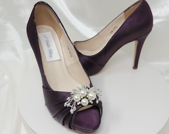 Eggplant Purple Wedding Shoes Pearl and Crystal Cascading Brooch Eggplant Purple Bridal Shoes - Over 100 Color Choices