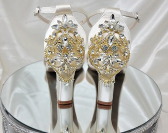White Block Heels with Gold Design Ivory Bridal Sandals Gold Crystal Design White Bridal Shoes  White Wedding Shoes - 100 COLOR choices