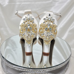 Ivory Block Heels with Gold Design Ivory Bridal Sandals Gold Crystal Design White Bridal Shoes or White Wedding Shoes - 100 COLOR choices