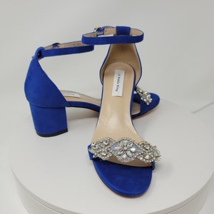 Block Heels Blue Bridal Sandals Crystal Design Blue Bridal Shoes Blue Wedding Shoes Royal Blue Heels Royal Blue Wedding Shoes Blue Bridal