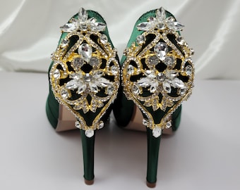 Green Bridal Shoes with Gold Crystal Back Design Hunter Green Wedding Shoes - Over 100 Colors Dyeable Shoes Hunter Green Bridal Shoes