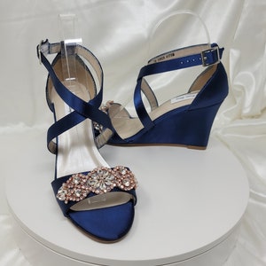 Navy Blue Bridal Sandals Rose Gold Design Navy Blue Wedge with Sparkling Crystal Applique Blue Bridal Shoes Blue Bridal Sandals Blue Wedges