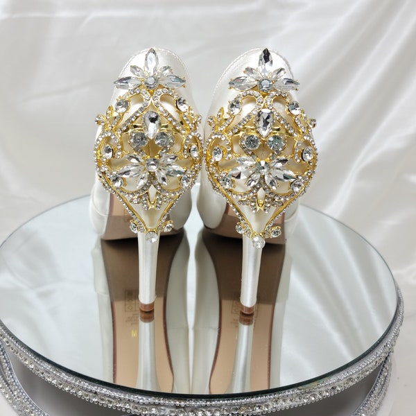 Ivory Wedding Shoes with Crystal Gold Design Ivory Bridal Shoes 100 Colors Ivory Wedding Heels with Crystal Gold Design Ivory Bridal Heels