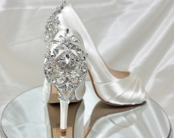 Scarpe da sposa color avorio con design posteriore in cristallo, scarpe da sposa color avorio, oltre 100 colori, tacchi da sposa color avorio, tacchi da sposa color avorio, scarpe con plateau in raso color avorio