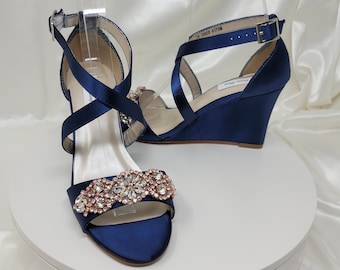 Navy Blue Bridal Sandals Rose Gold Design Navy Blue Wedge With Sparkling Crystal Applique Blue Bridal Shoes Blue Bridal Sandals Blue Wedges Etsy Canada