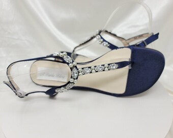 Navy Wedges Blue Wedding Sandals With Pearls and Crystals Blue - Etsy UK