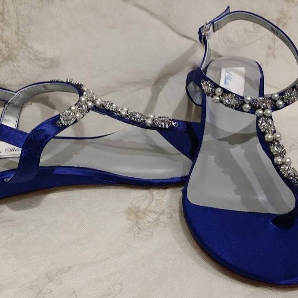 Blue Wedding Shoes with Pearls and Crystals Blue Bridal Shoes Blue Wedges Blue Sandals Blue Bridesmaid Shoes  PICK YOUR COLOR  100 Choices