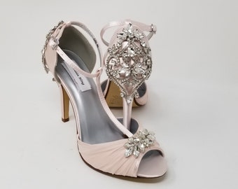 blush pink heels with rhinestones