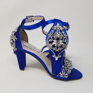 Blue Block Heels Over 100 COLORS Blue Bridal Sandals Crystal and Pearl Design Blue Bridal Shoes Blue Wedding Shoes Royal Blue Shoes