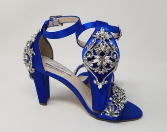 Blue Block Heels Over 100 COLORS Blue Bridal Sandals Crystal and Pearl Design Blue Bridal Shoes Blue Wedding Shoes Royal Blue Shoes