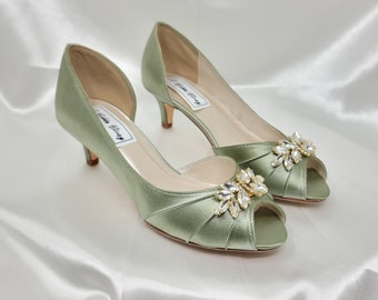 Sage Bridal Shoes with Crystal Gold Design Sage Green Wedding Shoes 100 COLORS Sage Green Kitten Heels Sage Green Bridal Heels Sage Shoes