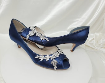 Navy Blue Bridal Shoes with Crystal Front Vine Design Navy Blue Wedding Shoes Navy Blue Bridal Heels OVER 100 COLORS Navy Kitten Heels