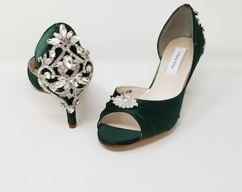 Hunter Green Bridal Shoes Hunter Green Wedding Shoes with Crystal Back Design Green Wedding Shoes PICK FROM 100 COLORS