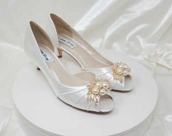 White Wedding Shoes with Gold Crystal and Pearl Design White Bridal Shoes Gold Design White Kitten Heels Ivory Bridal Shoes 100 COLORS