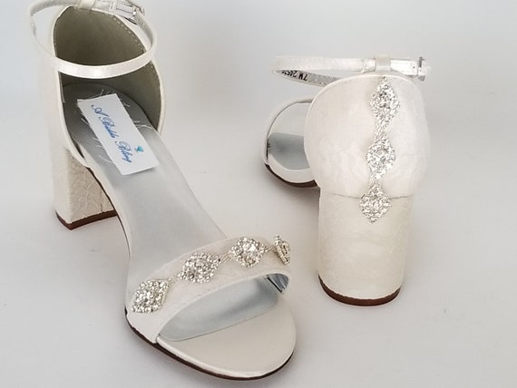 Ivory Wedding Shoes Block Heel Crystal 