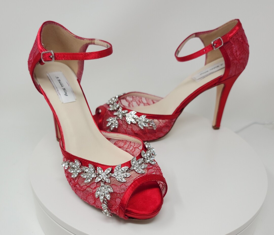 Red Wedding Shoes With Crystal Vine Design Lace Wedding Shoes Red Lace ...