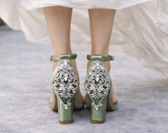 Sage Green Bridal Shoes Chunky Heels Sage Green Wedding Shoes Wedding Shoes 100 COLORS Crystal Back Design Sage Green Sandals Green Shoes