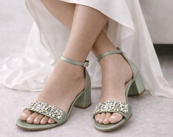 Sage Green Block Heels with Pearl Crystal Design Sage Green Chunky Heels Sage Green Bridal Sandal Sage Green Bridal Shoes Sage Wedding Shoes