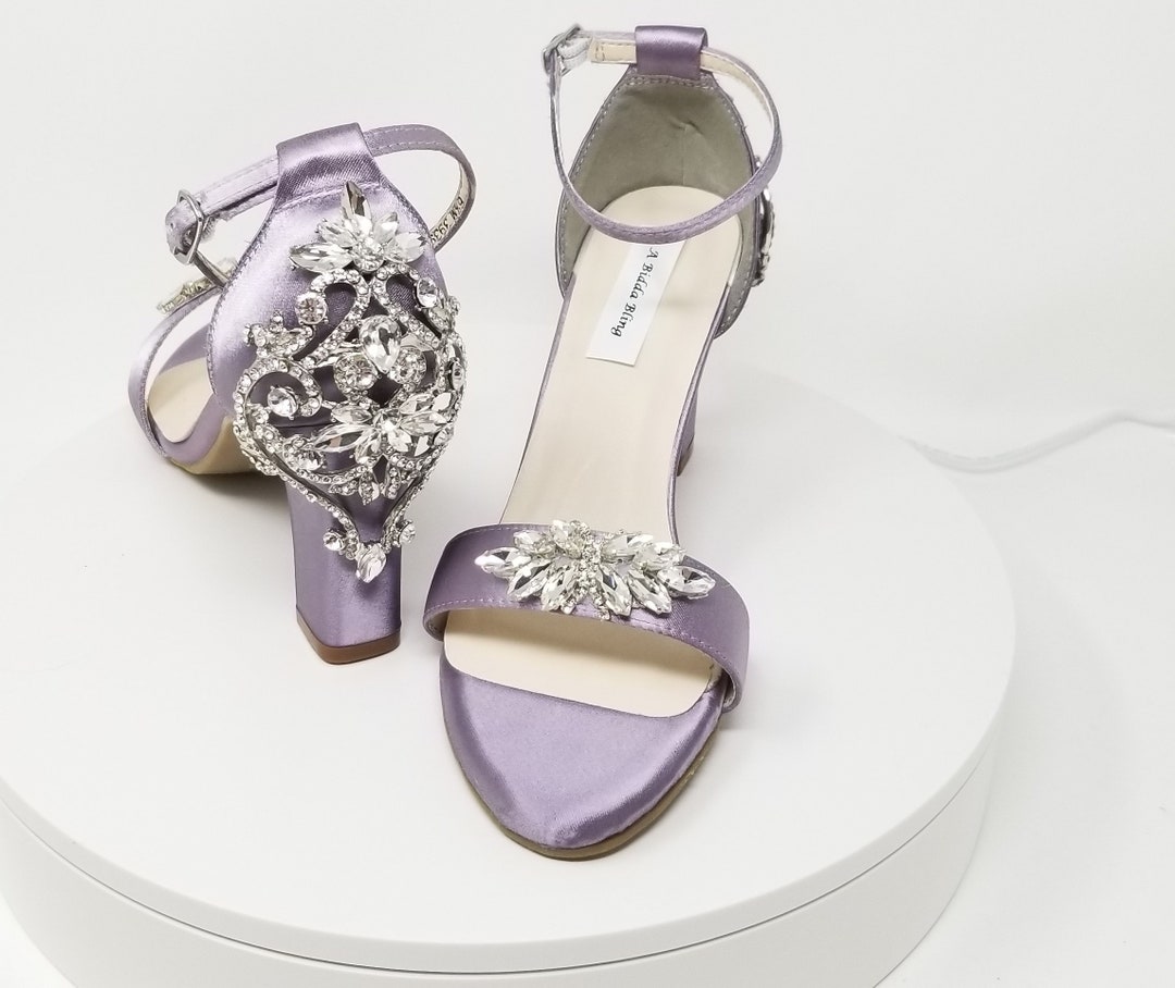 Purple Wedding Shoes Chunky Heels Purple Bridal Shoes Crystal Front and ...