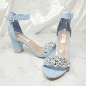 Baby Blue Wedding Shoes Crystal Design Baby Blue Chunky Heels Baby Blue Block Heels Wedding Shoes Blue Bridal Heels Faux Suede Blue Shoes