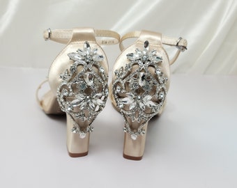 Bruidsschoenen Champagne blokhak Crystal design sandalen Elegante ivoorkleurige hakken, comfortabele dikke bruidsschoenen