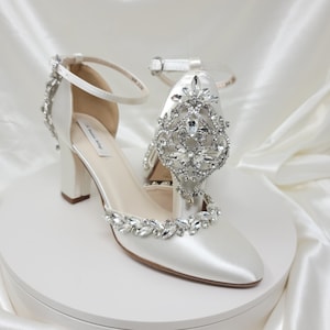 Ivory Block Wedding Shoes with Crystal Design Over 100 COLORS Ivory Bridal Sandals Ivory Bridal Shoes White Wedding Shoes Ivory Block Heels