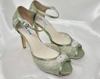 Sage Green Wedding Shoes Crystal Design Sage Green Bridal Shoes Lace Wedding Shoes Lace Bridal Shoes - Over 100 Color Choices to Pick From