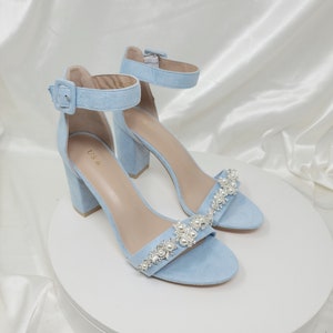 Baby Blue Wedding Shoes with Crystal and Pearl Design Baby Blue Chunky Heel Baby Blue Block Heels Blue Bridal Heels Faux Suede Blue Shoes