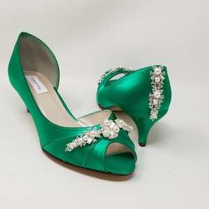 Emerald Green Wedding Shoes with Crystal and Pearl Front and Back Design Emerald Green Bridal Shoes OVER 100 COLORS Emerald Green Heels