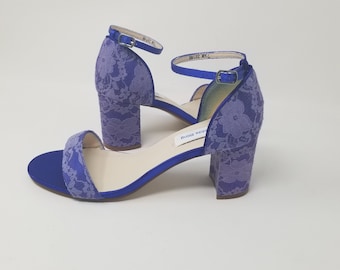 Zapatos de boda azules con tacones de bloque, zapatos de novia azules con tacones gruesos y encaje azul, zapatos de novia azules con encaje - 100 COLORES, zapatos de dama de honor azules