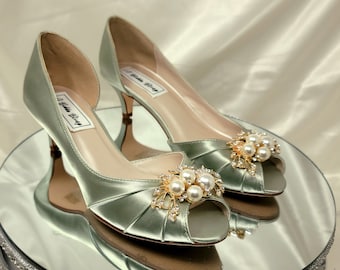Sage Wedding Shoes with Crystal and Pearl Gold Design Sage Green Bridal Shoes 100 COLORS Sage Green Kitten Heels Sage Green Bridal Heels