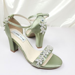 Sage Green Block Heels Sage Green Wedding Shoes Sage Green Wedding Shoes 100 COLORS Crystal Back Design Sage Green Sandals Green Shoes