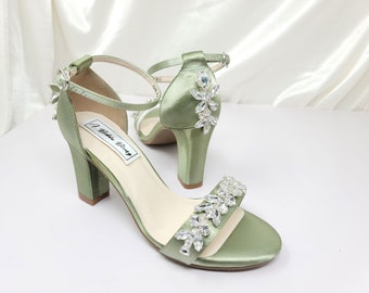 Sage Green Block Heels Sage Green Wedding Shoes Sage Green Wedding Shoes 100 COLORS Crystal Back Design Sage Green Sandals Green Shoes