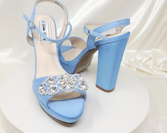 Blue Bridal Shoes Crystal Design Blue Block Heel Wedding Shoes Blue Platform Wedding Shoes Blue Platform Bridal Shoes OVER 100 COLORS