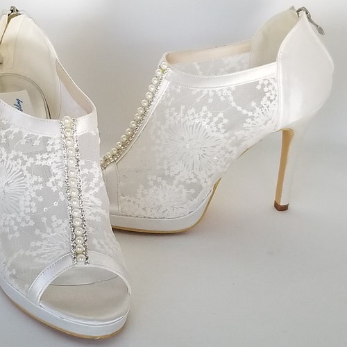 Lace Wedding Shoes With Pearl and Crystal Accent Lace Bridal - Etsy