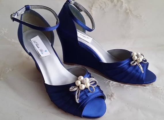 Blue Wedding Shoes Blue Bridal Shoes Blue Wedges With Pearl Etsy