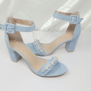 Baby Blue Block Heel Wedding Shoes with Crystal and Pearl Design Baby Blue Chunky Heels Blue Bridal Heels Faux Suede Blue Shoes Blue Sandals